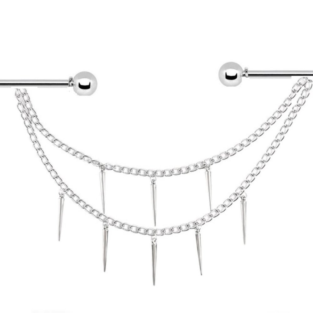 Silver ~ Nipple Piercing ~ Double Chain W/ Spikes